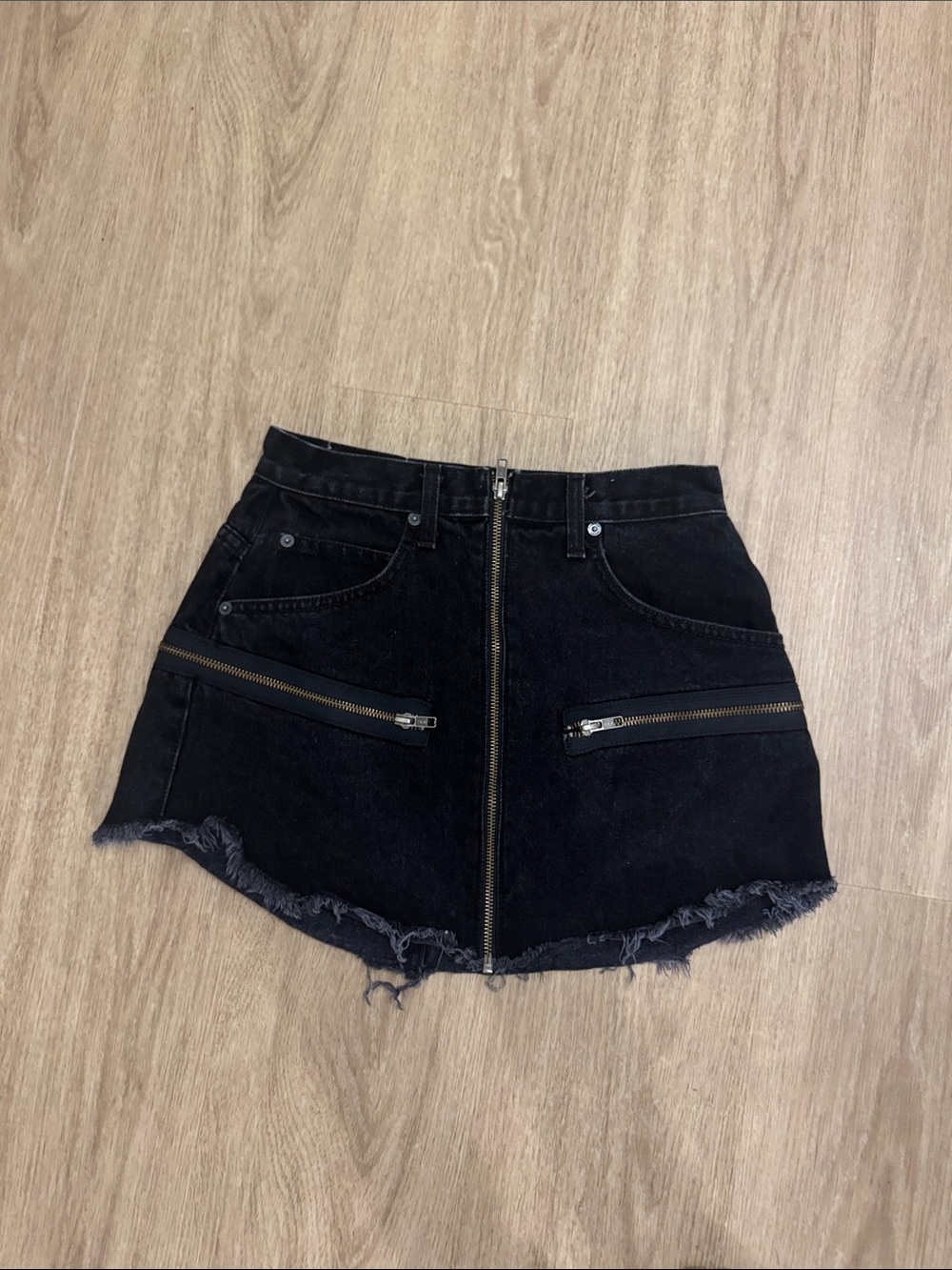 LF Black Frayed Denim Mini Skirt with Zipper Pocket Accents